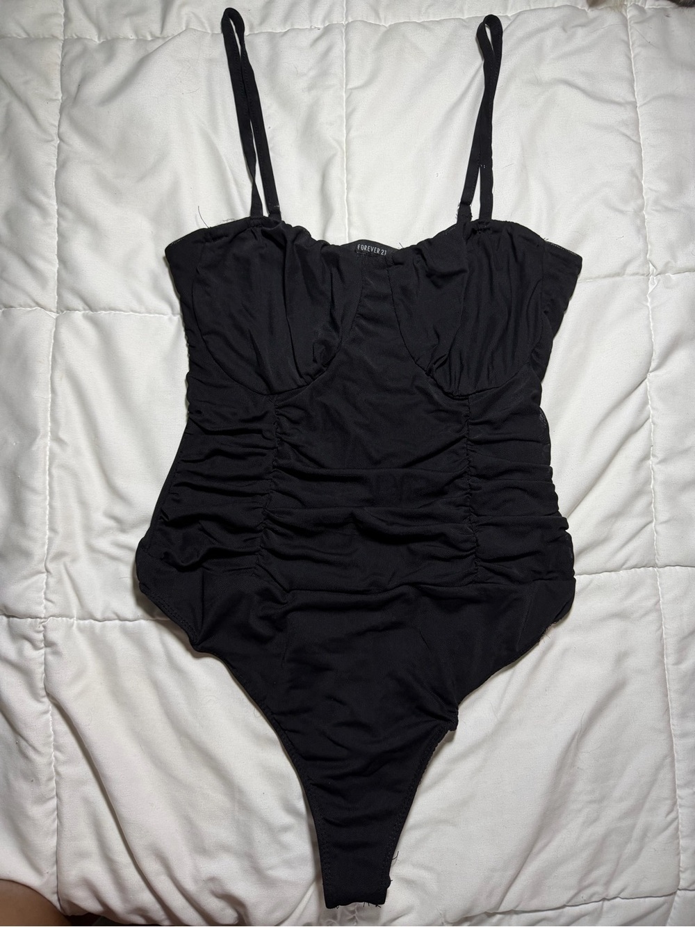 Forever 21 Black Ruched Spaghetti Strap Bodysuit with Scoop Neck
